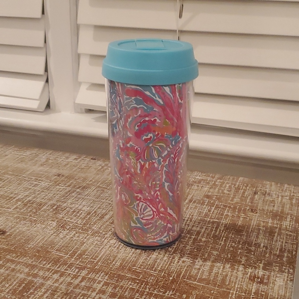 Lilly Pulitzer Travel Tumbler Mug Cup Pink Blue Green BPA Free 16oz EUC